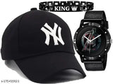 Trendy embroidered cotton baseball cap with black Avenger silicon strap and analog watch, black king bracelet for men and boys. Indian-made accessory