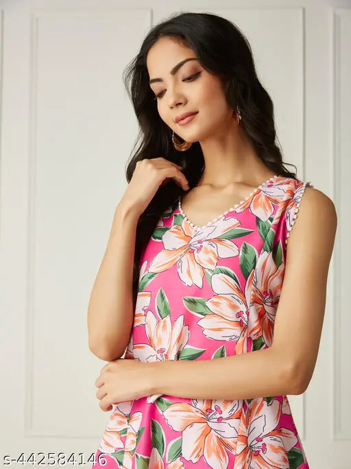 Printed CoOrds Set for Women - Green, Rust, Pink, Yellow, sleeveless kurta with palazzos, floral lace pattern, V-neck design, versatile outfit for various occasions, poly-blend fabric, size S to XXL, made in India