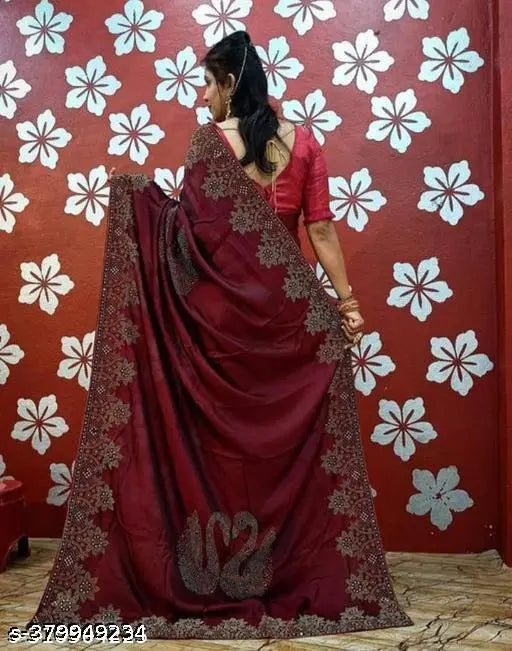 Maroon lace Georgette festival saree with Swarovski diamonds hotfix, V-neck blouse, embellished work wear