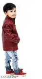 Black cotton boys jacket, zip closure, red hood, denim pants