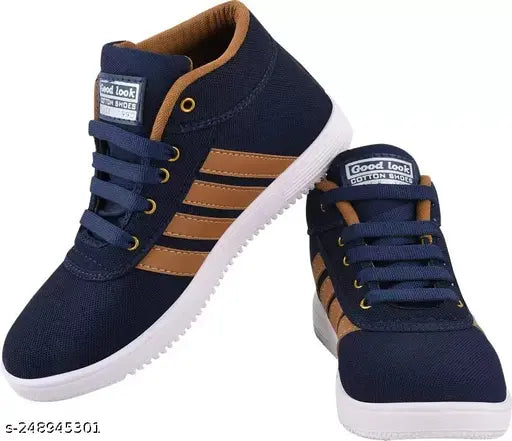 Navy blue athletic shoes with white laces