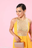 Mustard solid halter neck polyester jumpsuit by Miss Chase, sleeveless design with pleats, XS-XL sizes available