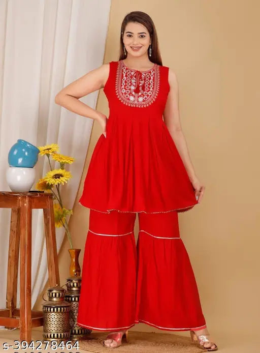Red rayon Rashi women's kurta with sharara and dupatta set