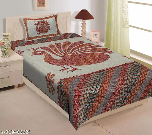 100 Cotton Jaipuri Printed Single Bedsheet - Grey with Peacock print, bedside table, and lamp.