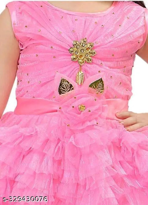 Girls pink net frock, sleeveless, embellished - Indian kid clothing set for 0-3 months to 2-3 years