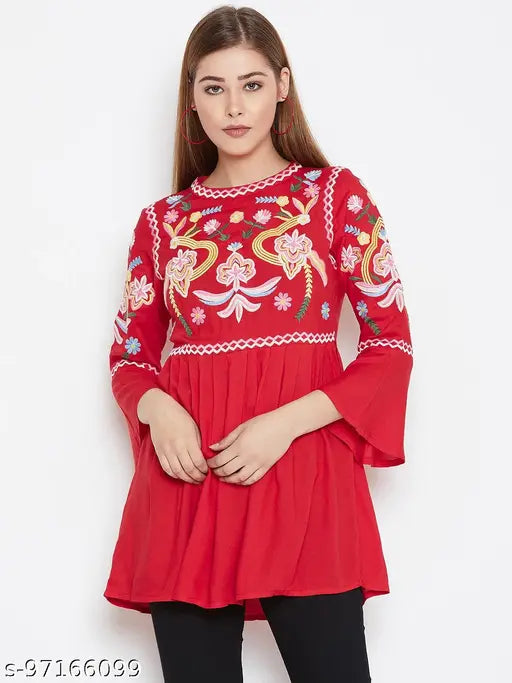 Red embroidered rayon tunic, trendy women's style, S-XXXL sizes