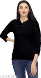 Black cotton polo t-shirt, three-quarter sleeves, solid design for women's western wear on hanger