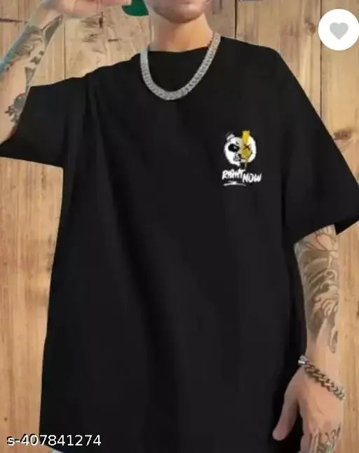 Black cotton blend round neck T-shirt, men's printed typography design on short sleeves