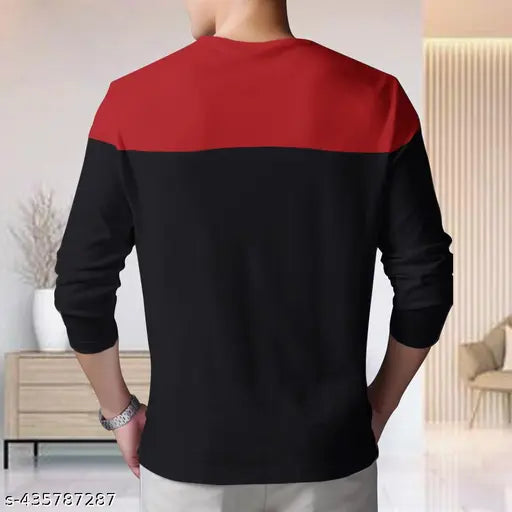 Men's colorblock polo neck cotton blend t-shirt, long sleeves, round neck, slim fit - soft texture, casual wear, India origin