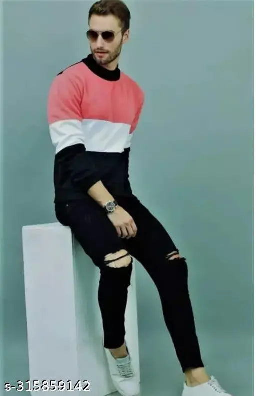 Black cotton blend flaying men's knee-slit jeans with ripped net pattern, size 34 (34WA-41LN-38HP)