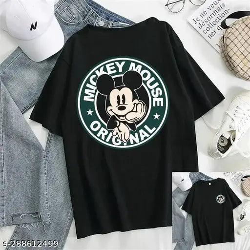 Women's Stylish Micky Mouse Back Print Black Oversized Black T-shirt for Boys and Men (Pack of 1)