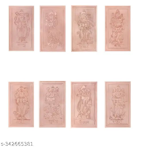 This is a set of eight copper Digpal plaques with engraved figures and symbols, commonly used for vastu decor