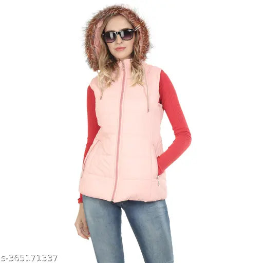 Pink nylon sleeveless half-puffer women's jacket (M, L, XL), perfect for winter. Made in India