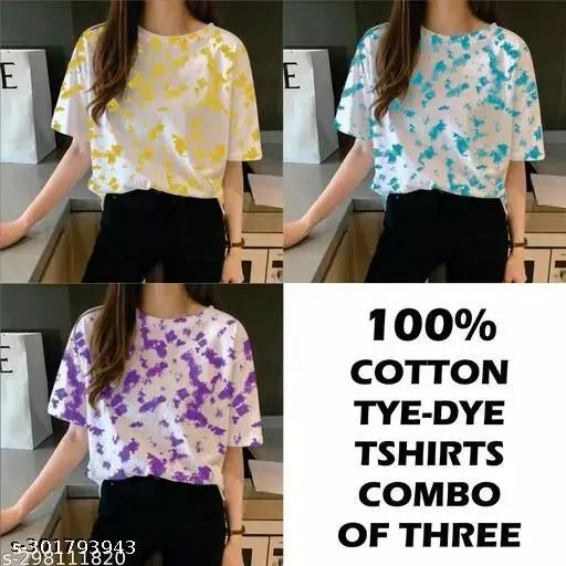 Three colorful tie-dye half sleeved printed oversized T-shirts for girls and women in a set of three