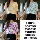 Three colorful tie-dye half sleeved printed oversized T-shirts for girls and women in a set of three