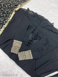 Stylish black embroidery work gown duppatta set on mannequin, georgette fabric with long sleeves and intricate net patterns. India-made fashion for professional women (S: 36in bust, 55in length)