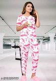 Pink tiger poly crepe night suit for women, stylish and trendy pajamas set with short sleeves on display