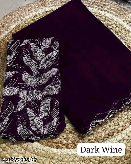 Georgette Jalpari Wine saree with separate beautyful arc cutwork border and heavy embroidery blouse for parties, weddings & festivals. Made in India