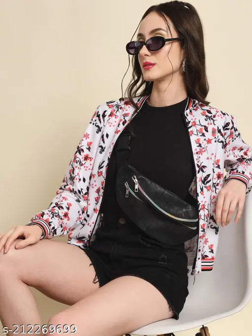 Fleece women's winter jacket, printed net design, long sleeves, size S (bust 34in, length 25in), India origin