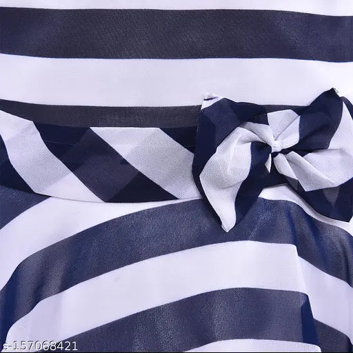 Navy Blue Georgette Frock Dress, silver kraft striped style for kids 6-9 months - 5-6 years
