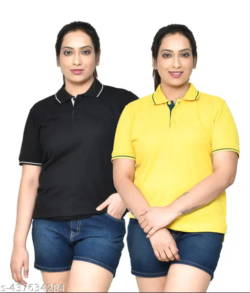 Black & yellow pure cotton casual polo t-shirt combo for women, regular fit with collar neck and half sleeves