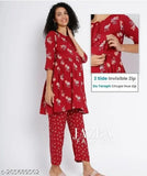 Soft rayon maternity night suit set, printed net pattern, includes top and bottom with three-quarter sleeves. Sizes range from S to 4XL. Made in India
