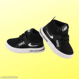 Black Nike high-top sneakers with 'KIDS' text on side, by Deconds