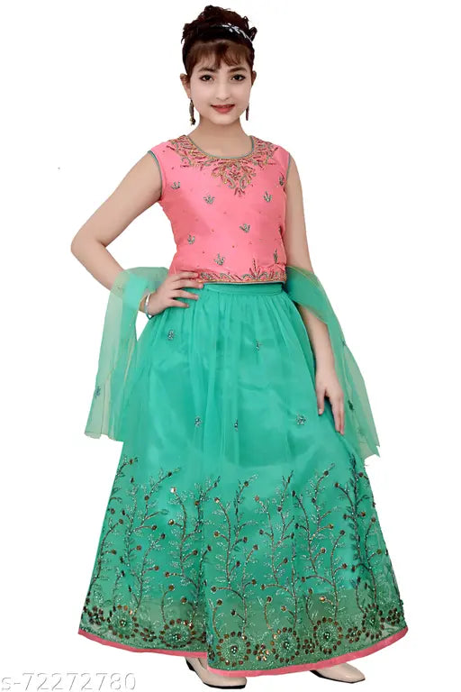 Royal blue and gold embroidered satin-net Lehenga Choli & Dupatta set for girls, Indian ethnic party or wedding wear