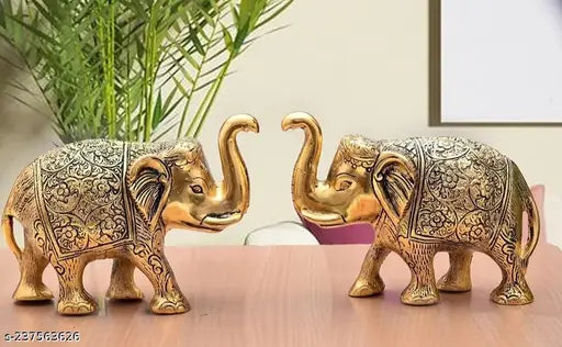 Metal handcrafted and hand-carved white elephant pair, symbolizing strength, wisdom, and good luck for home or office decoration