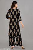 Rayon gold print stitched women's kurti set with palazzos, perfect for festive wear