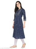 Indigo Blue Motif Print A-Line Kurta, women's cotton, three-quarter sleeves - fashionable daily wear, made in India