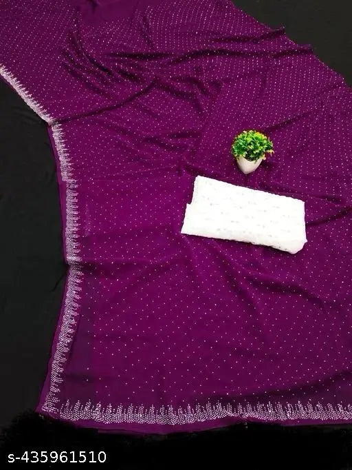 Purple, chiffon saree with a green flower