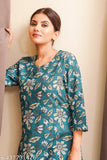 Teal printed cotton night suit for ladies, peaceful sleepwear set with three-quarter sleeves, easy to wash, country of origin: India