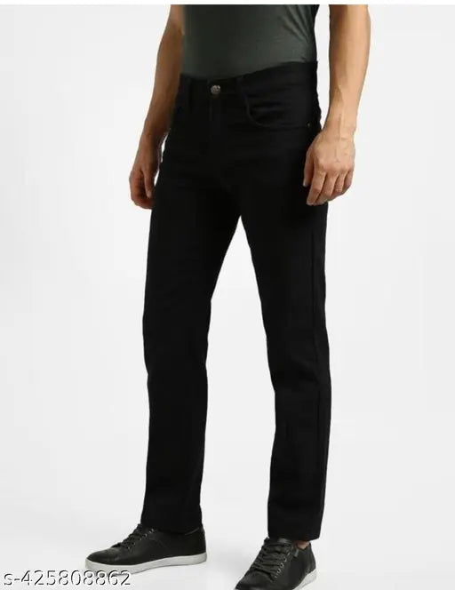 Stylish black men's denim jeans with cotton blend, machine washable, mid-rise, full length, and curved/adjustable waist. Premium cotton stretch for comfort