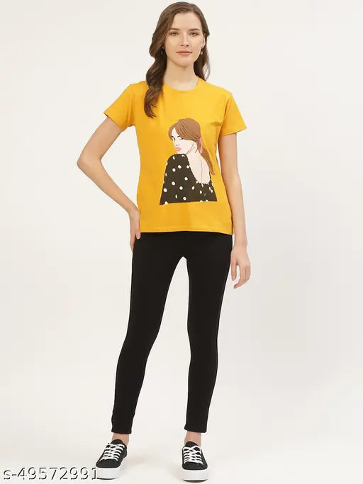 Mustard printed cotton regular t-shirt by ANVI, short sleeves style for S, M, L, XL sizes