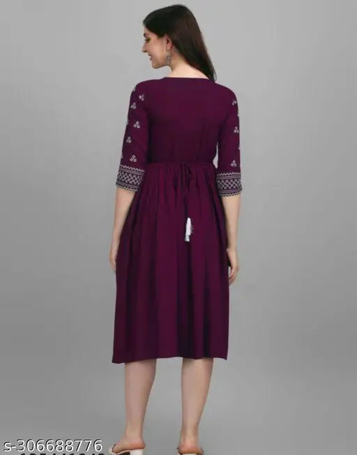 Maroon rayon cotton midi kameez with flared hem and decorative trim