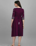Maroon rayon cotton midi kameez with flared hem and decorative trim