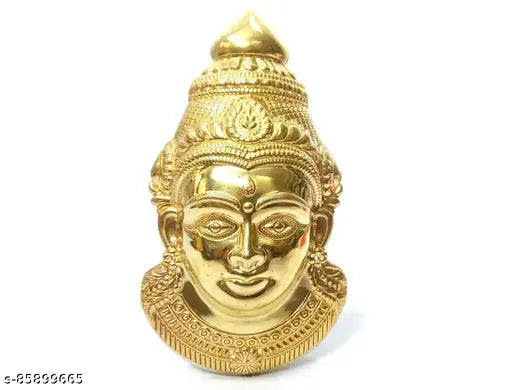 Brass Lakshmi Mukhota idol, intricately detailed god figurine, traditional Indian decor, 3.5"x1.5"x6.5