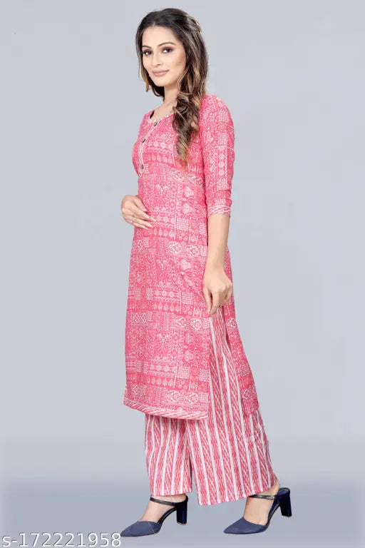Blue printed net Magic Slub Cotton round neck kurta with palazzos, single size XS