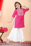 Rayon Bandhani printed kurta and Palazzo set for girls, intricate embroidery work, Indian ethnic wear. Sizes: 5-6 years (28in/28in), 6-7 years (28in/28in), 7-8 years (30in/30in), etc. up to 12-13 years (34in/34in). India origin