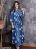 Rayon printed front cut kameez set, long sleeves, blue and white floral print for women and girls