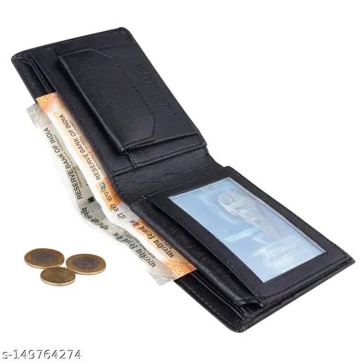Black PU textured men's wallet. Durable with 5 card slots, 2 secret compartments, coin pocket, currency compartment. Made in India