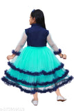 Mint green net children's party dress with flower work, three-quarter sleeves and round neck - India