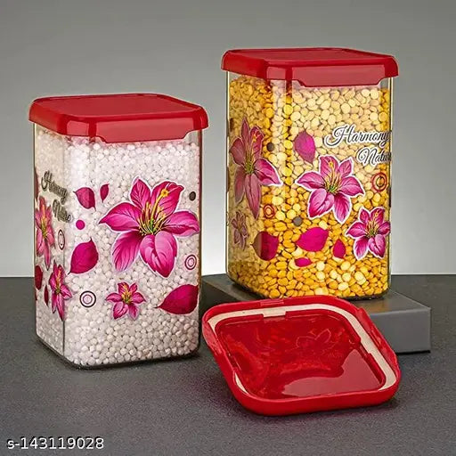 Red plastic airtight containers with floral pattern, square shape, for storing groceries or kitchen items