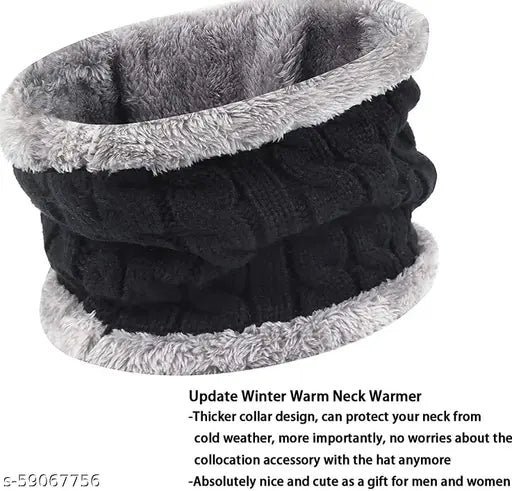 Winter wool scarf set, 2 piece, men and women, neck warmer, beanie style, thick, black, cherry, fashionable, trendy