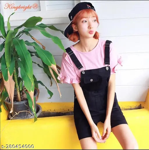 Denim short sleeve dungree tee in solid color, stylish and fashionable for women, free size available