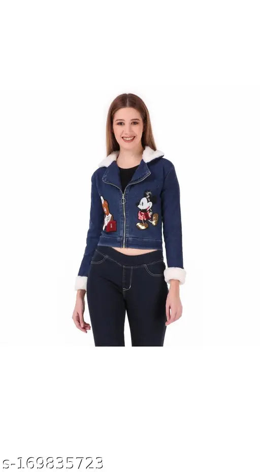 Embroidered denim jacket for women, long sleeves, size S (bust 32in, length 24in), made in India