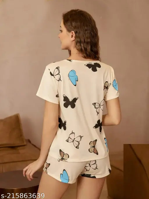 Multicolor butterfly printed satin top and shorts set for women, ideal for parties and events in soft satin fabric