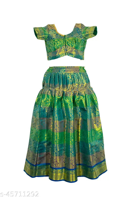 Silk Half Saree Lehenga Choli with Applique Pattern, Jaquard Dupatta, and Waist Belt. Indian Mysoore Silk for a royal look. Perfect for 13-16 year old girls
