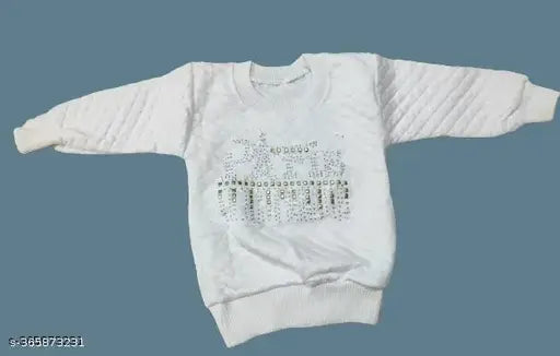White woolen garam sweater for kids girls with long sleeves, printed pattern, and trendy design